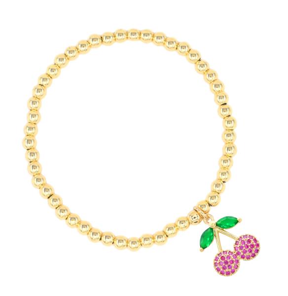 RHINESTONE CHERRY CHARM STAINLESS STEEL BALL BEAD BRACELET