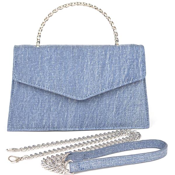 DENIM METAL HANDLE FLAP CLUTCH