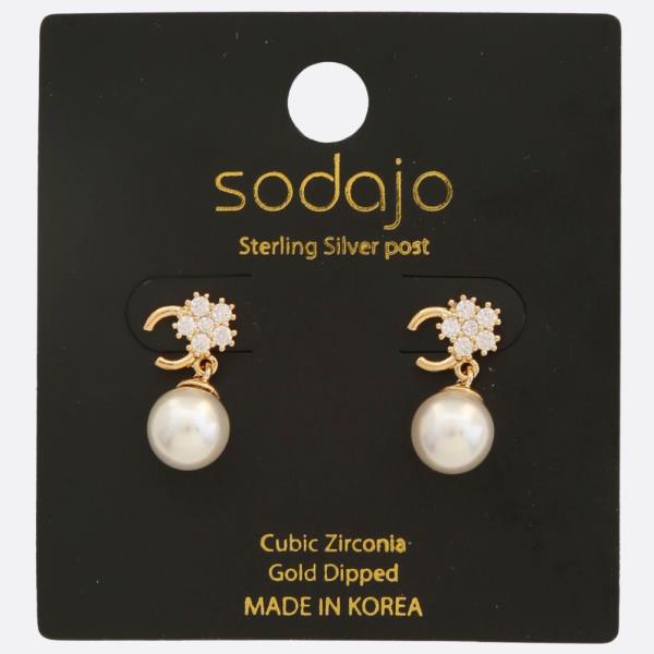 SODAJO PEARL BEAD CZ GOLD DIPPED STERLING SILVER POST EARRING