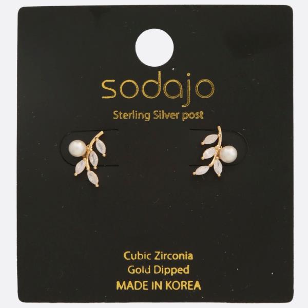 SODAJO PEARL BEAD LEAF CZ GOLD DIPPED STERLING SILVER POST EARRING