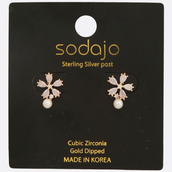 SODAJO PEARL BEAD FLOWER CZ GOLD DIPPED STERLING SILVER POST EARRING