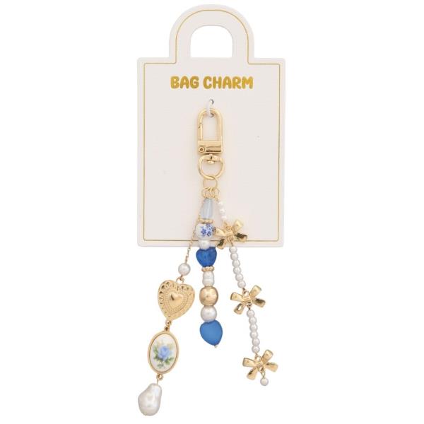 HEART CHARM PEARL BEAD RIBBON BOW BAG CHARM