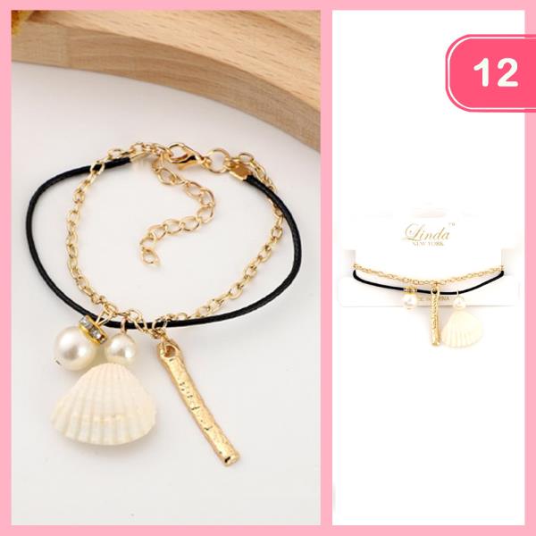 SEASHELL PEARL ACCENT CORD BRACELET (12 UNITS)