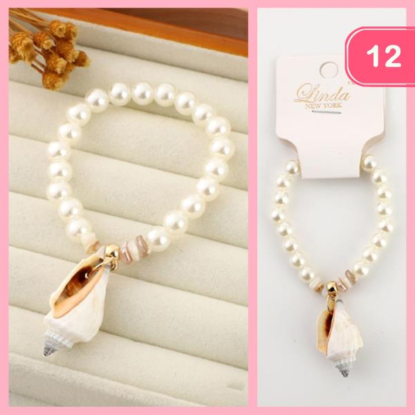 SEASHELL PEARL BEAD STRETCH BRACELET (12 UNITS)