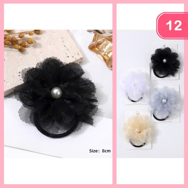 CHIFFON FLOWER WITH PEARL HAIR TIE (12 UNITS)