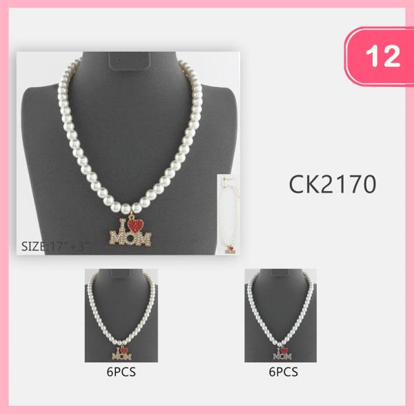 I LOVE MOM HEART PENDANT PEARL BEAD NECKLACE (12 UNITS)