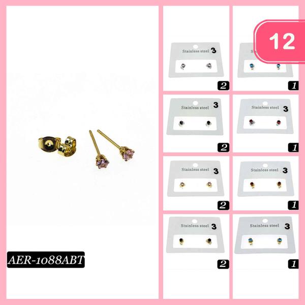 ASSORTED STAINLESS STEEL HYPOALLERGENIC CZ CUBIC ZIRCONIA STUD EARRING (12 UNITS)