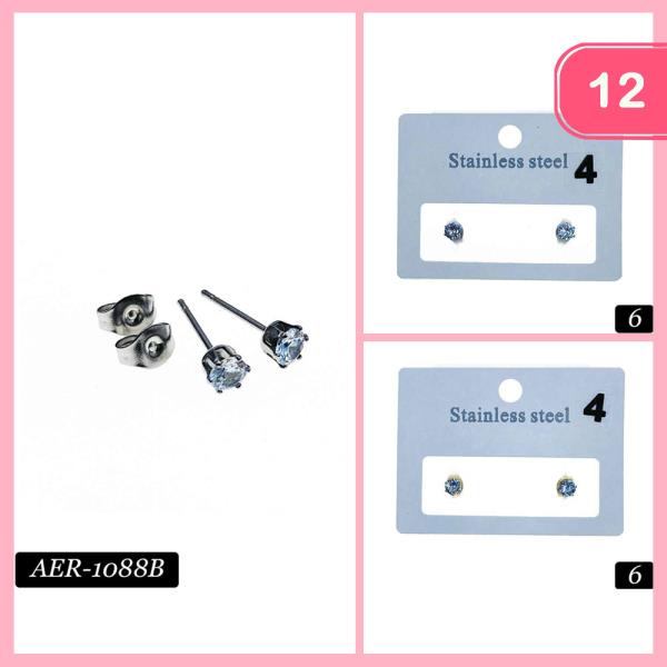 STAINLESS STEEL HYPOALLERGENIC CZ CUBIC ZIRCONIA STUD EARRING (12 UNITS)
