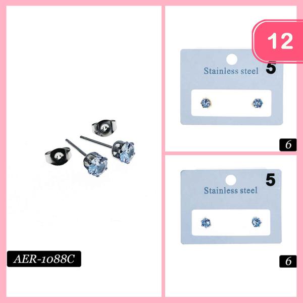 STAINLESS STEEL HYPOALLERGENIC CZ CUBIC ZIRCONIA STUD EARRING (12 UNITS)