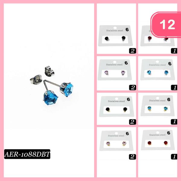 ASSORTED STAINLESS STEEL HYPOALLERGENIC CZ CUBIC ZIRCONIA STUD EARRING (12 UNITS)