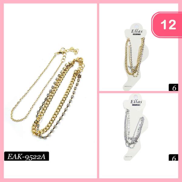 LAYERED RHINESTONE METAL LINK CHAIN ANKLET 2 PC SET (12 UNITS)