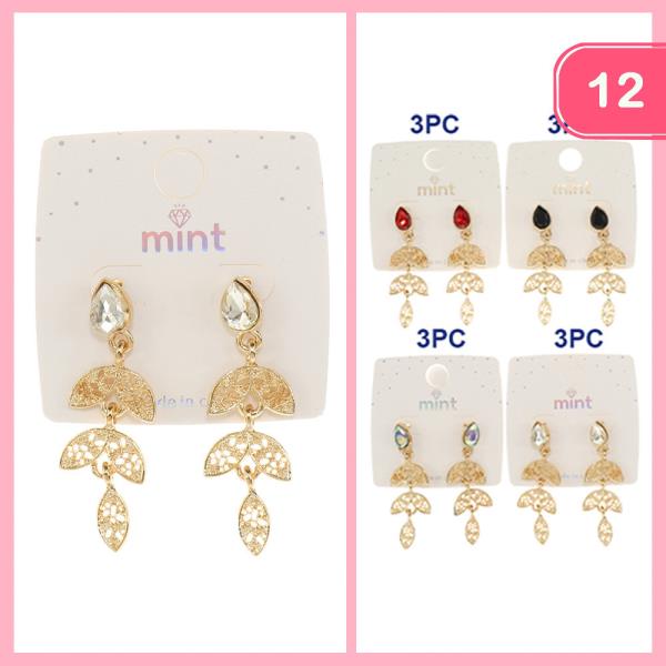 FILIGREE LEAF GLASS ACCENT DANGLE EARRING (12 UNITS)