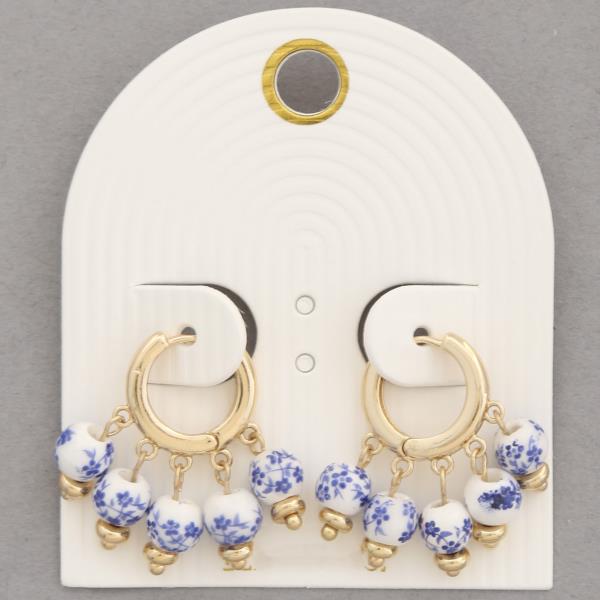 FLOWER BLUE CERAMIC PRINT BEAD HOOP DANGLE EARRING