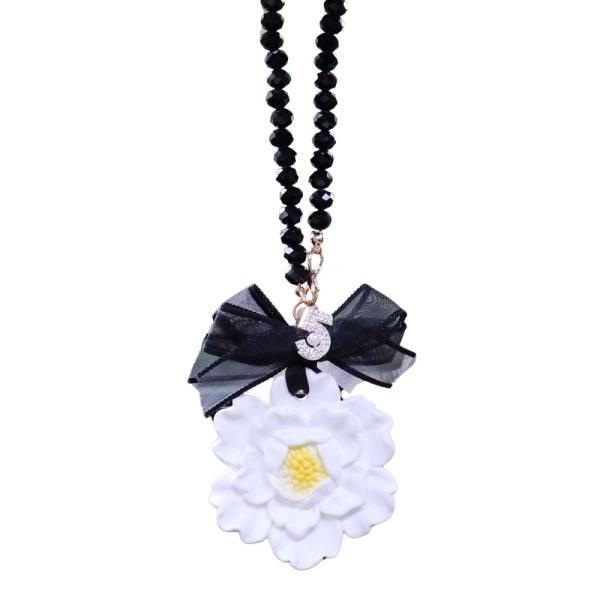 BAG CHARM KEYCHAIN - WHITE BEADED FLOWER NECKLACE WITH WHITE BOW