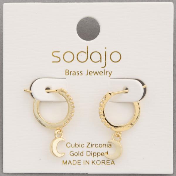 SODAJO DAINTY MOON CHARM CZ HUGGIE GOLD DIPPED EARRING