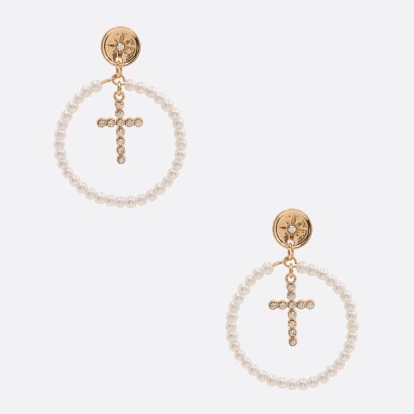 CROSS PEARL BEAD RING DANGLE EARRING