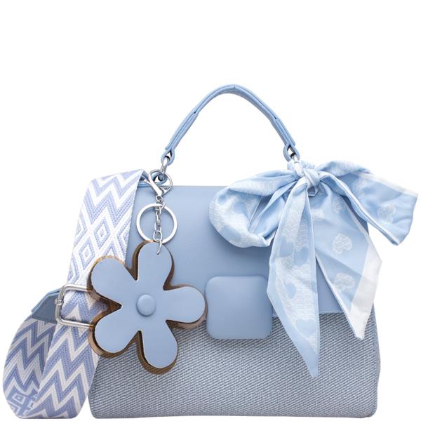 TEXTURED FLOWER CHARM CHIC HANDLE SCARF FLAP BAG WITH GUITAR STRAP
