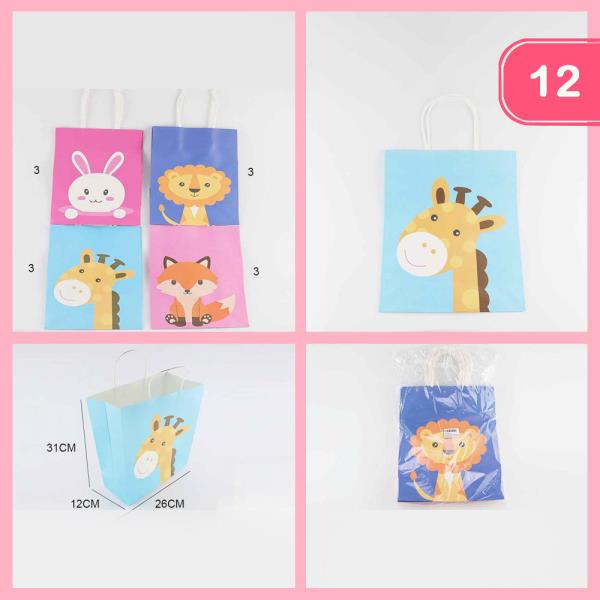 L SIZE - MATTE ANIMAL CHARACTER PRINT TWIST PAPER HANDLE LARGE VERTICAL PAPER GIFT BAG (12 UNITS)