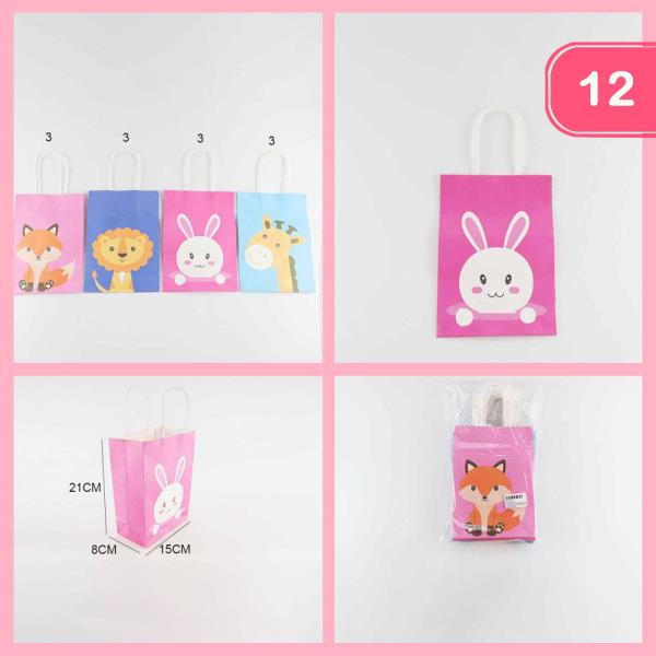 S SIZE - MATTE ANIMAL CHARACTER PRINT TWIST PAPER HANDLE LARGE VERTICAL PAPER GIFT BAG (12 UNITS)