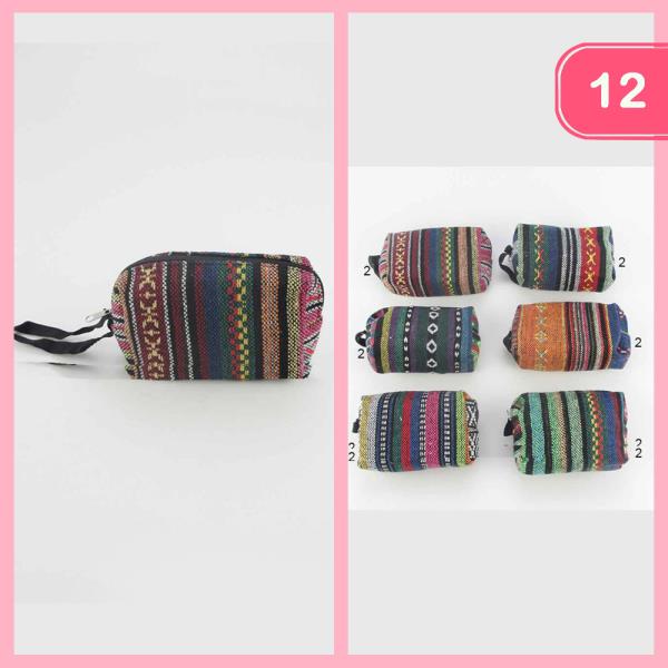 ETHNIC WOVEN FABRIC ZIPPER HANDLE RECTANGULAR POUCH (12 UNITS)