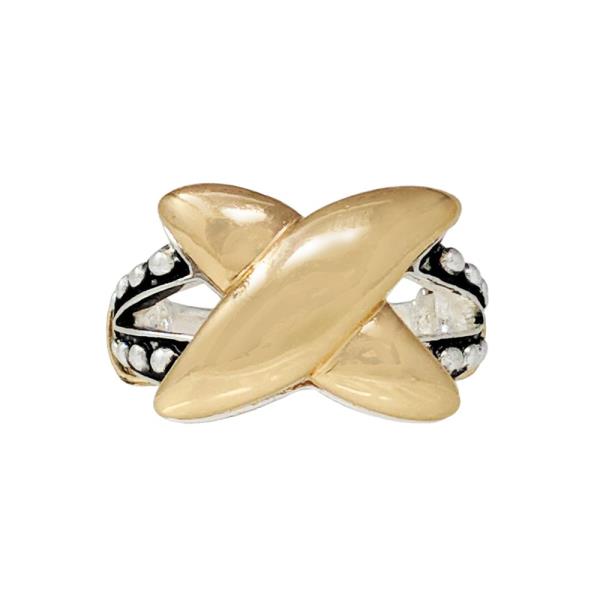 TWO TONE FILIGREE PATTERN CRISS CROSS METAL RING