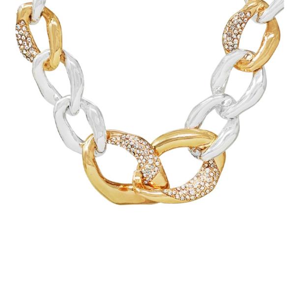 TWO TONE RHINESTONE METAL OVAL LINK NECKLACE