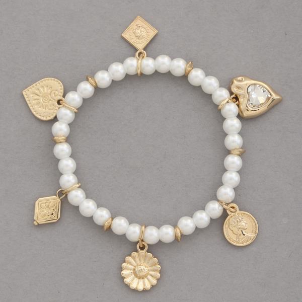 HEART FLOWER MULTI CHARM PEARL BEAD BRACELET