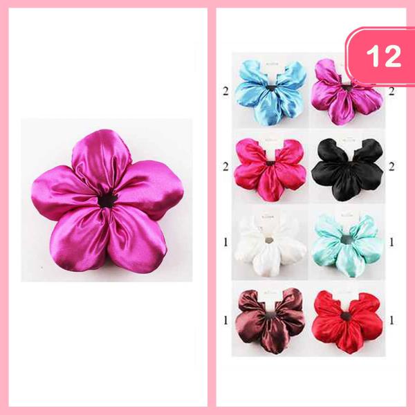 ASSORTED SOLID COLOR PUFFY FLOWER SCRUNCHIE HAIR TIE  (12 UNITS)