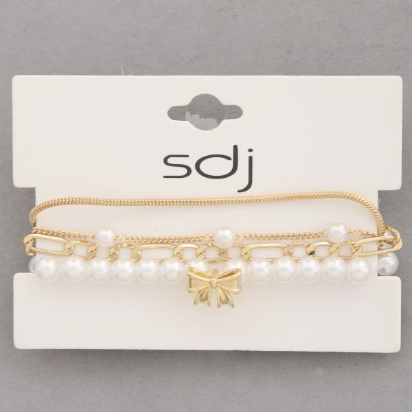 SDJ RIBBON BOW CHARM PEARL BEAD BRACELET SET