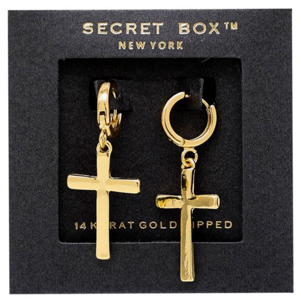 SECRET BOX CROSS HUGGIE 14K GOLD DIPPED EARRING