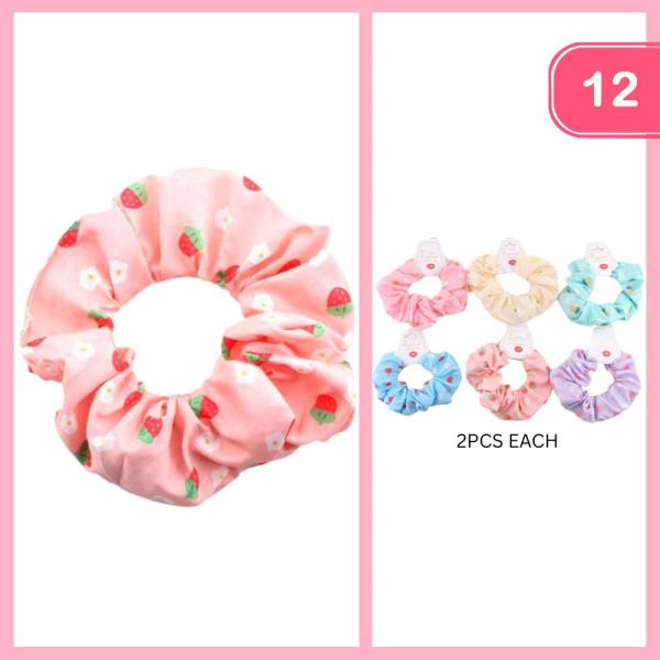 STRAWBERRIES FLOWER PRINT HAIR SCRUNCHIE (12 UNITS)