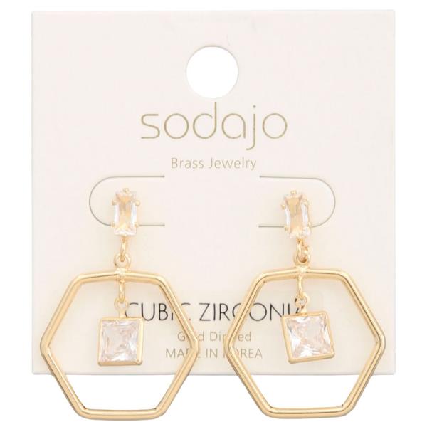 SODAJO GOLD DIPPED CZ HEXAGON DANGLE EARRING