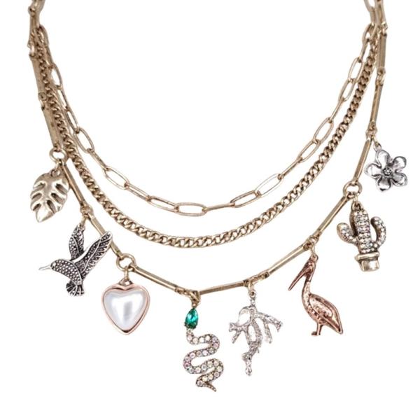 WESTERN STYLE 3 LAYERED MULTI ANIMAL CHARM NECKLACE EARRING SET