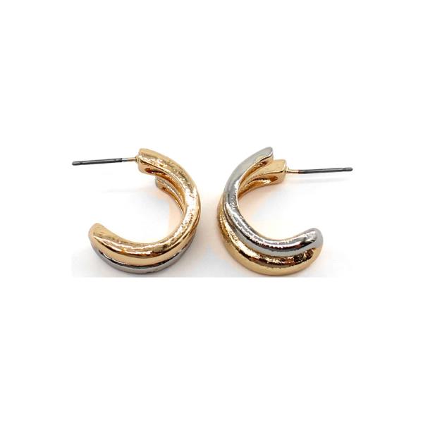 TEXTURED METAL TWO TONE DOUBLE HOOP STUD EARRINGS