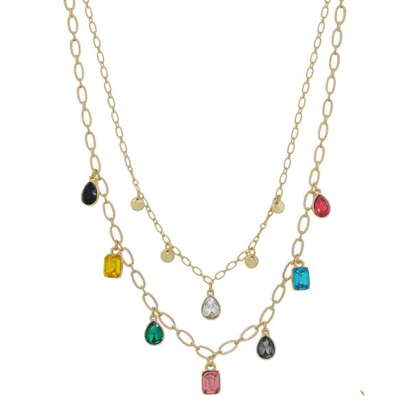 LAYERED JEWELED CRYSTAL CHARMS WATER RESISTANT NECKLACE