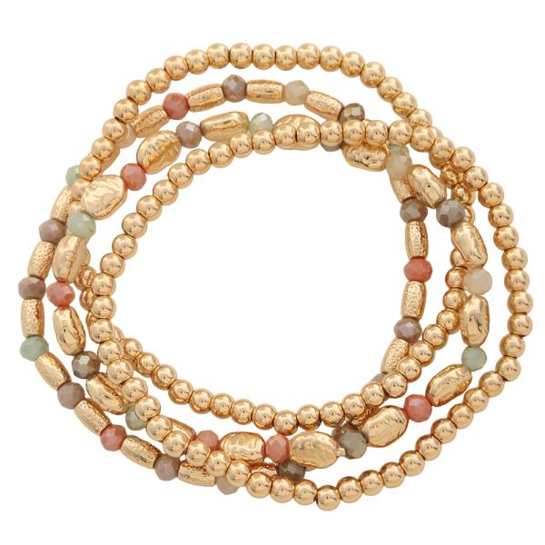 METAL TEXTURED BEAD FACETED BEAD STRETCH BRACELET SET