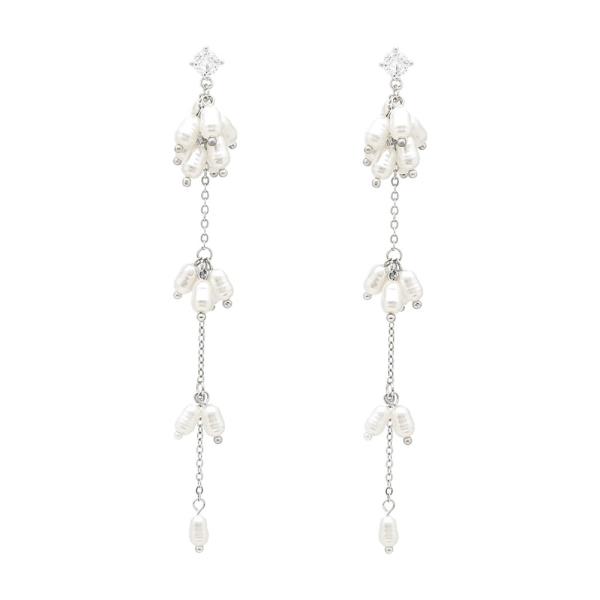 RHINESTONE METAL DROP LAYERED PEARL DROP EARRINGS
