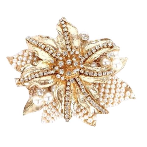 PEARL BEAD RHINESTONE FLOWER METAL BROOCH