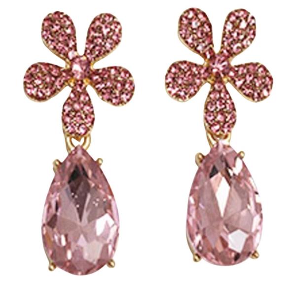 CRYSTAL RHINESTONE PAVE FLOWER GLASS TEADROP DANGLE EARRING