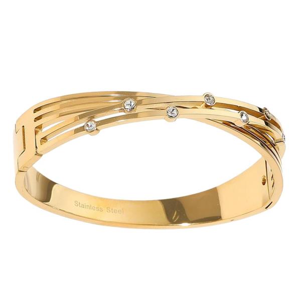 RHINESTONE CRISS CROSS LINED STAINLESS STEEL BANGLE BRACELET