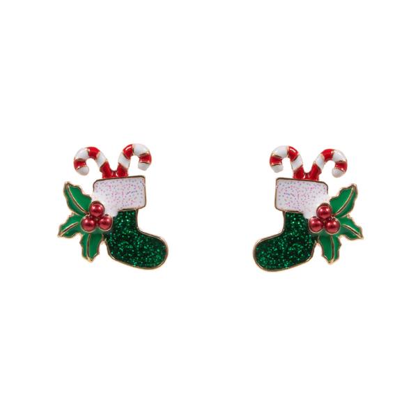CHRISTMAS SOCKS SHAPED ENAMEL WITH CANDY CANE EARRING