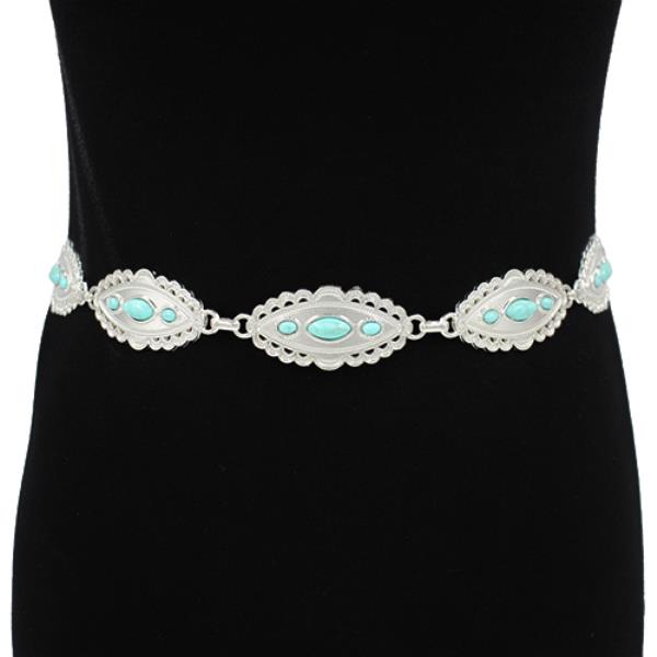 WESTERN ETCHED METAL OVAL CONCHO WAIST BELT WITH TURQUOISE STONES
