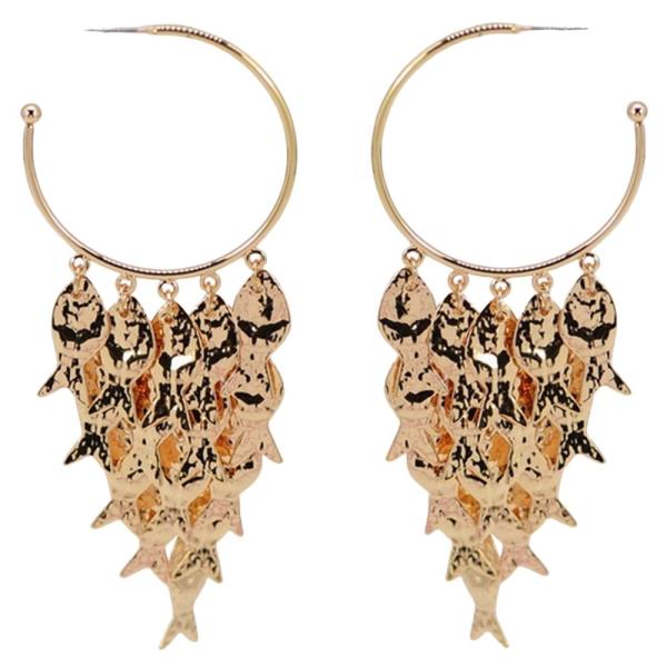 TEXTURED METAL MULTIPLE FISH HOOP DANGLE EARRING