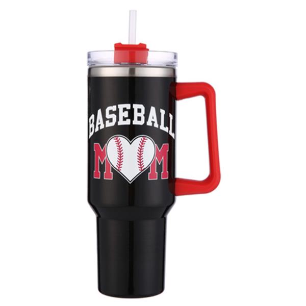BASEBALL HEART MOM HANDLE TUMBLER CUP WITH STRAW