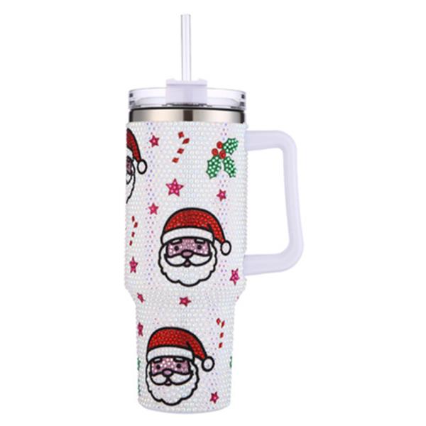 HOLIDAY CANDY RHINESTONE SANTA HANDLE TUMBLER CUP WITH STRAW