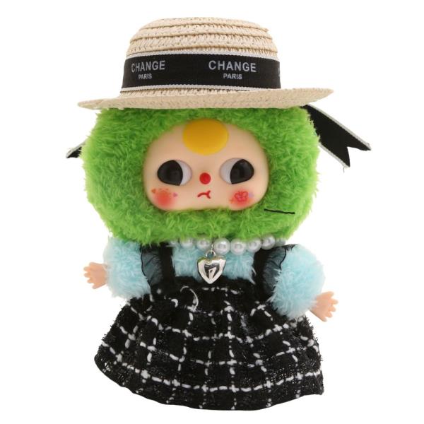 MINI DOLL STRAW HAT CHECK PATTERN DRESS PEARL NECKLACE OUTFIT SET