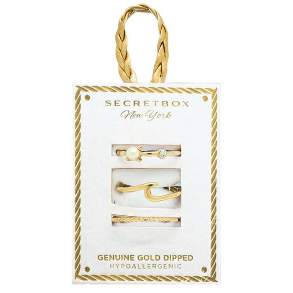SECRET BOX PEARL BEAD ASSORTED GENUINE GOLD DIPPED RING SET