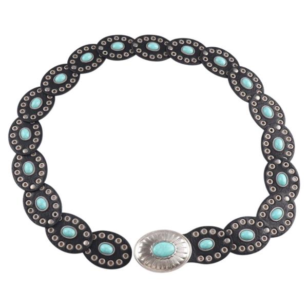 SUEDE TEXTURED TURQUOISE STONE OVAL LINK CONCHO BUCKLE WESTERN Y2K STYLE BELT