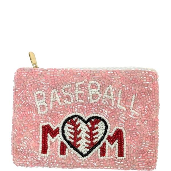 BEADED BASEBALL MOM HEART PATTERN ZIPPER COIN PURSE BAG POUCH
