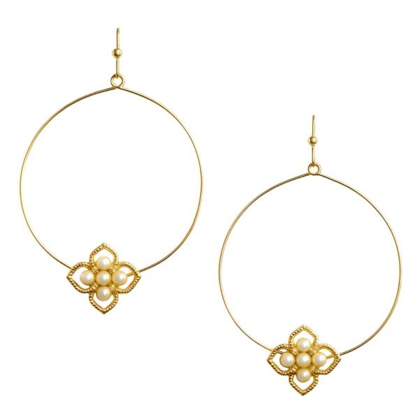 PEARL BEAD FLOWER CHARM HOOP DANGLE EARRING